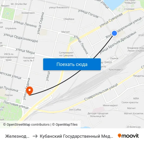 Железнодорожная to Кубанский Государственный Медицинский Университет map