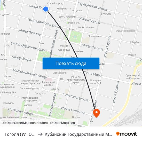 Гоголя (Ул. Октябрьская) to Кубанский Государственный Медицинский Университет map