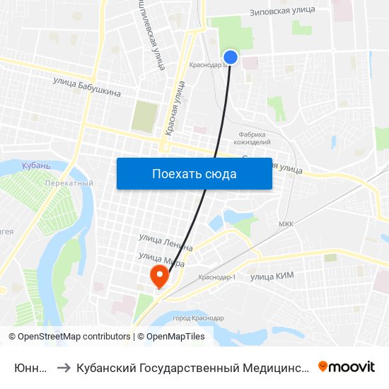 Юннатов to Кубанский Государственный Медицинский Университет map