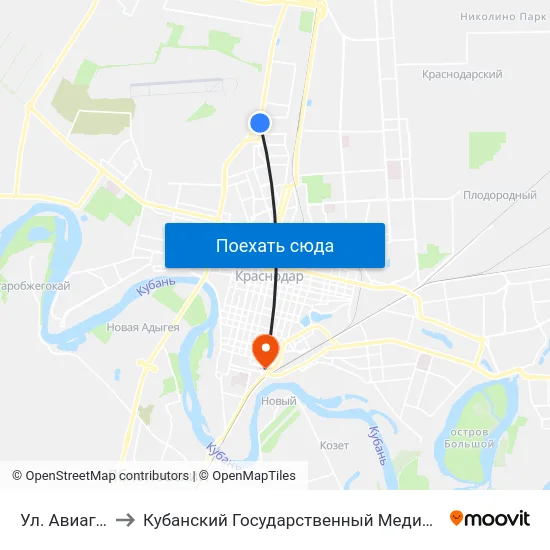 Ул. Авиагородок to Кубанский Государственный Медицинский Университет map