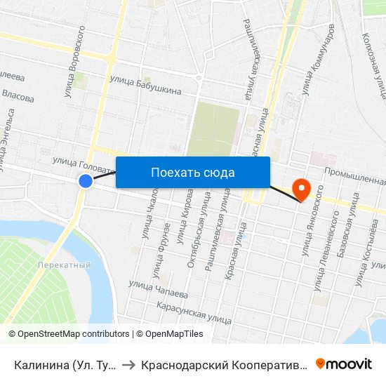 Калинина (Ул. Тургенева) to Краснодарский Кооперативный Институт map