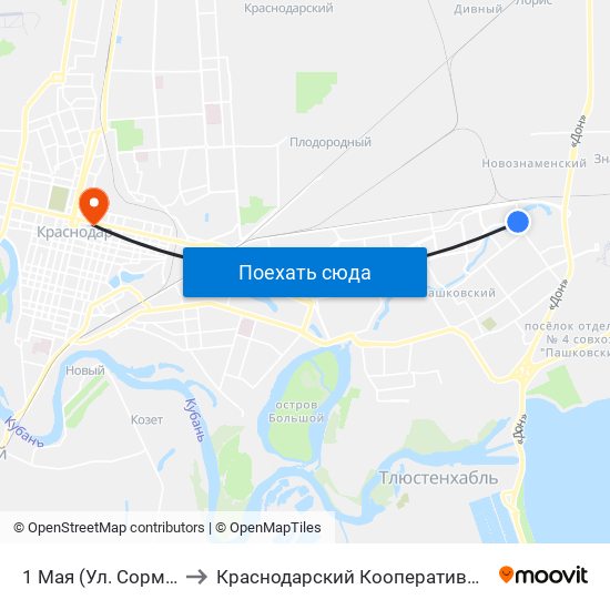 1 Мая (Ул. Сормовская) to Краснодарский Кооперативный Институт map