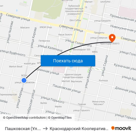 Пашковская (Ул. Кирова) to Краснодарский Кооперативный Институт map