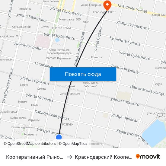 Кооперативный Рынок (Ул. Коммунаров) to Краснодарский Кооперативный Институт map