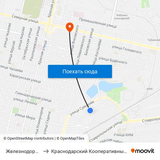 Железнодорожная to Краснодарский Кооперативный Институт map