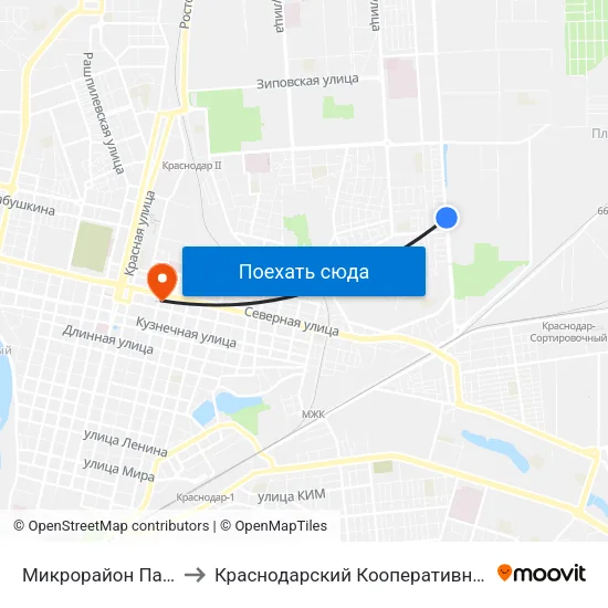 Микрорайон Панорама to Краснодарский Кооперативный Институт map