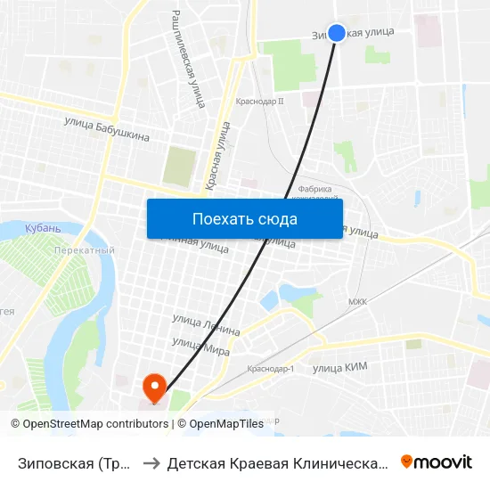 Зиповская (Трамвай) to Детская Краевая Клиническая Больница map