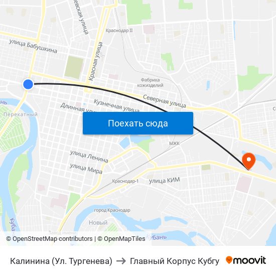 Калинина (Ул. Тургенева) to Главный Корпус Кубгу map