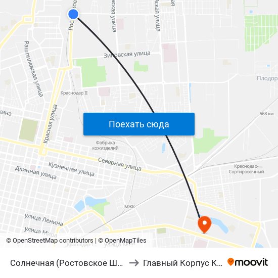 Солнечная (Ростовское Шоссе) to Главный Корпус Кубгу map