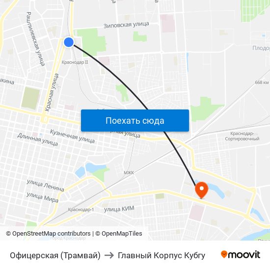 Офицерская (Трамвай) to Главный Корпус Кубгу map