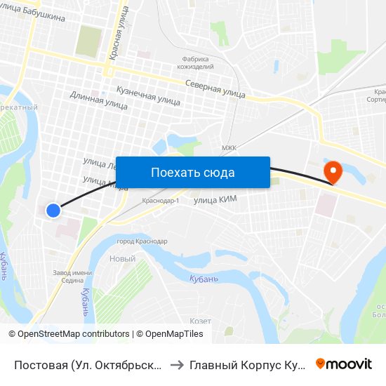 Постовая (Ул. Октябрьская) to Главный Корпус Кубгу map