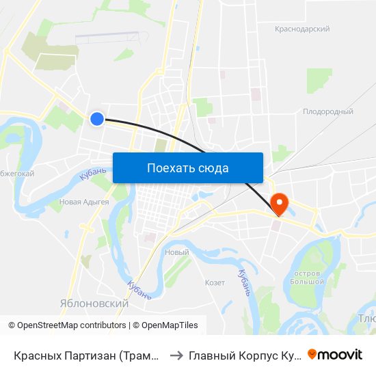 Красных Партизан (Трамвай) to Главный Корпус Кубгу map