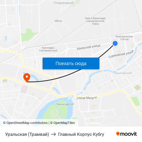 Уральская (Трамвай) to Главный Корпус Кубгу map