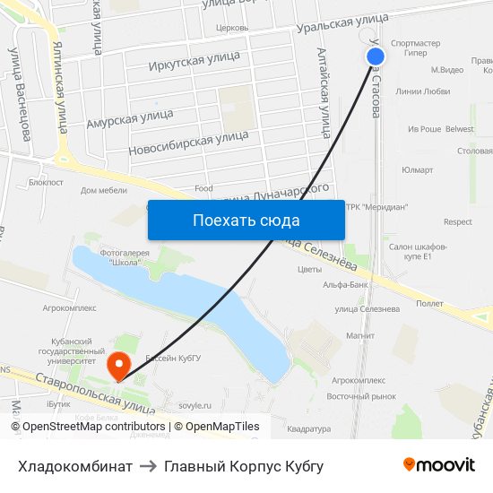 Хладокомбинат to Главный Корпус Кубгу map