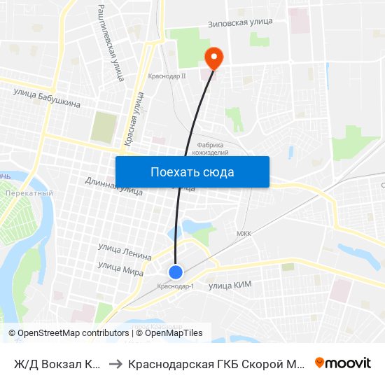 Ж/Д Вокзал Краснодар-1 to Краснодарская ГКБ Скорой Медицинской Помощи map