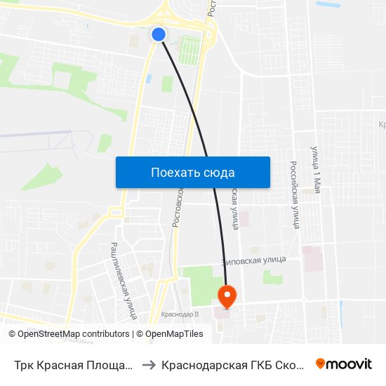 Трк Красная Площадь (Ул. Дзержинского) to Краснодарская ГКБ Скорой Медицинской Помощи map