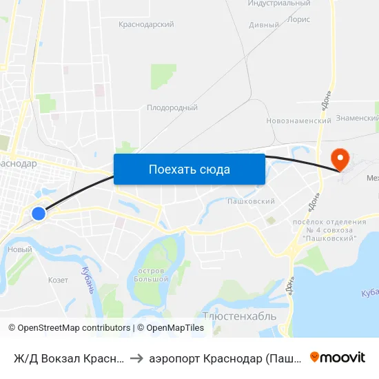 Ж/Д Вокзал Краснодар-1 to аэропорт Краснодар (Пашковский) map