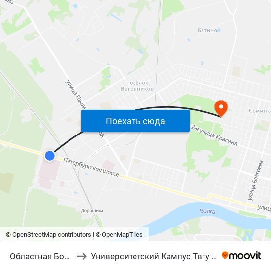 Областная Больница to Университетский Кампус Твгу ""Соминка"" map