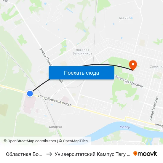 Областная Больница to Университетский Кампус Твгу ""Соминка"" map