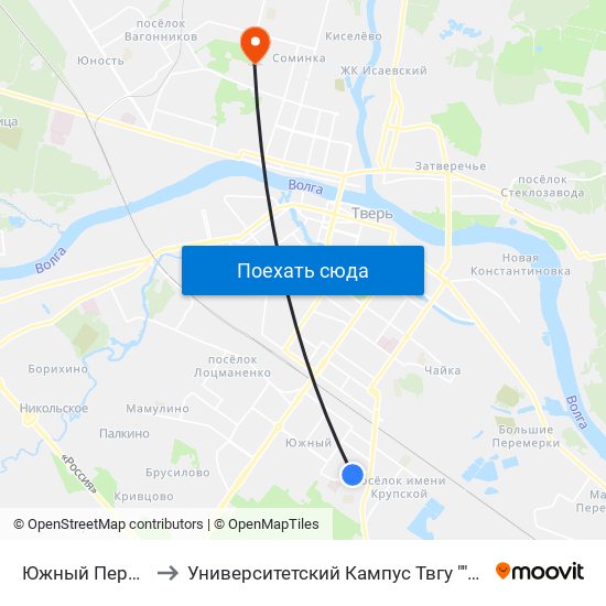 Южный Переулок to Университетский Кампус Твгу ""Соминка"" map