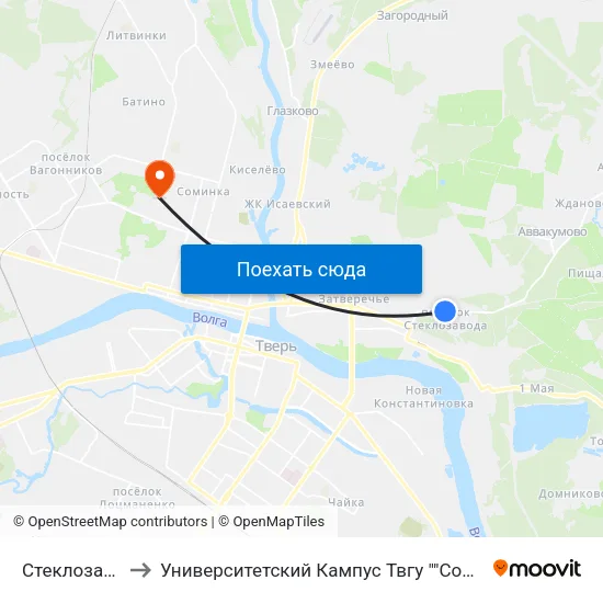 Стеклозавод to Университетский Кампус Твгу ""Соминка"" map