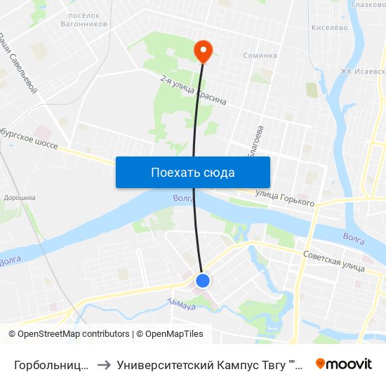 Горбольница №1 to Университетский Кампус Твгу ""Соминка"" map