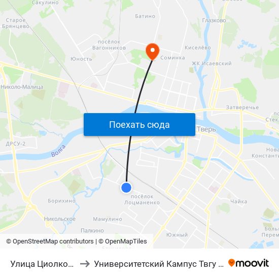 Улица Циолковского to Университетский Кампус Твгу ""Соминка"" map