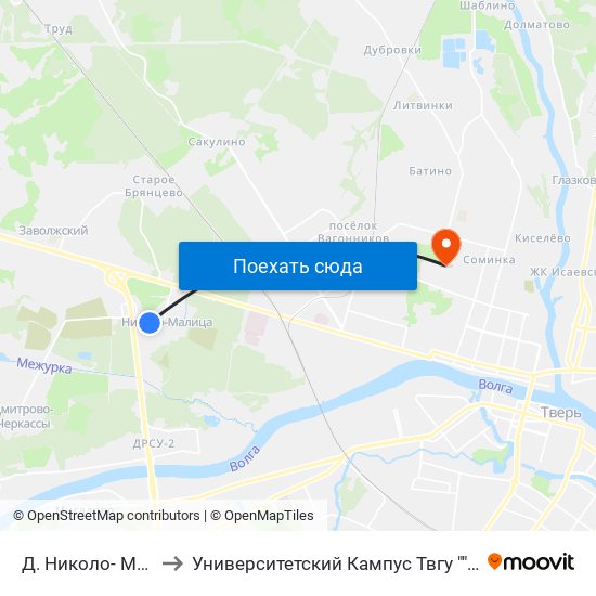 Д. Николо- Малица to Университетский Кампус Твгу ""Соминка"" map