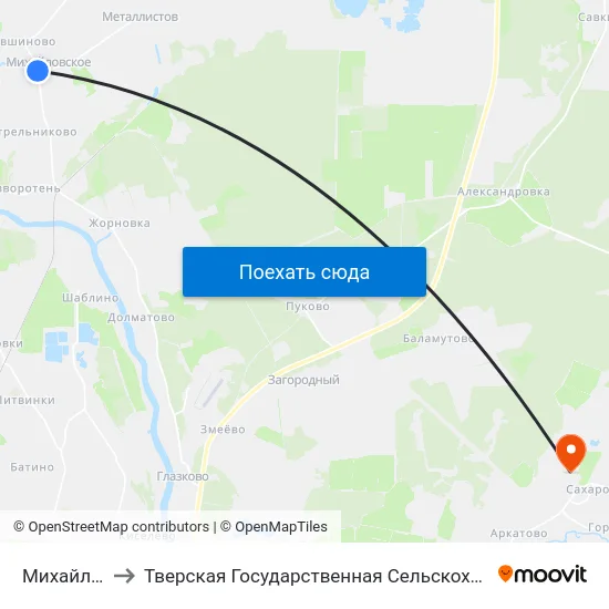 Михайловское to Тверская Государственная Сельскохозяйственная Академия map