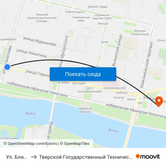 Ул. Благоева to Тверской Государственный Технический Университет map