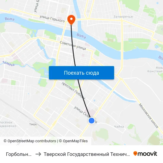 Горбольница №6 to Тверской Государственный Технический Университет map