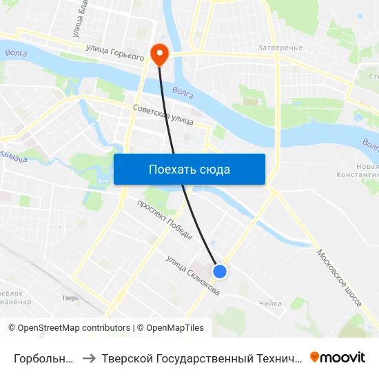 Горбольница №6 to Тверской Государственный Технический Университет map