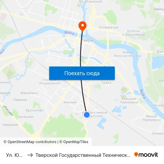 Ул. Южная to Тверской Государственный Технический Университет map