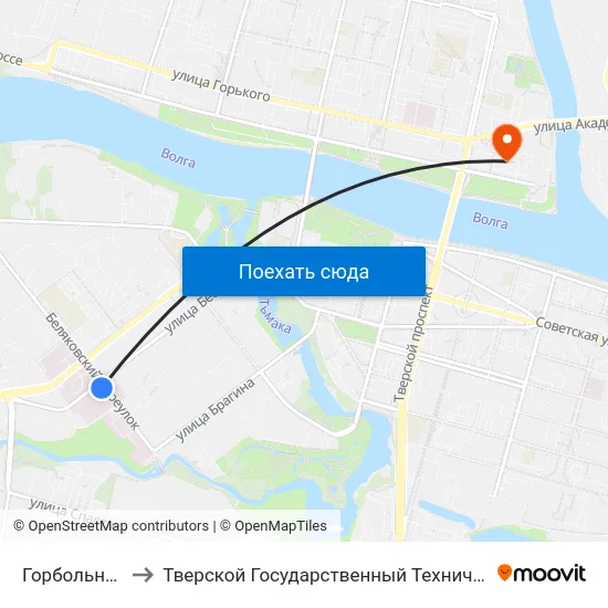 Горбольница №1 to Тверской Государственный Технический Университет map
