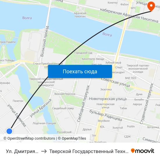 Ул. Дмитрия Донского to Тверской Государственный Технический Университет map