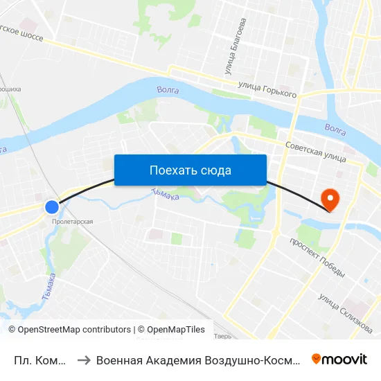 Пл. Комсомольская to Военная Академия Воздушно-Космической Обороны Имени Г.К. Жукова map