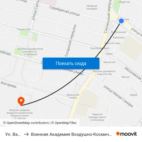 Ул. Вагжанова to Военная Академия Воздушно-Космической Обороны Имени Г.К. Жукова map