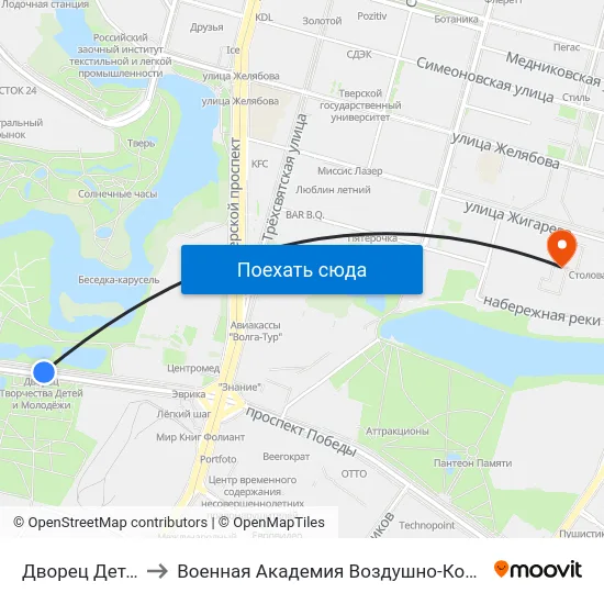 Дворец Детей И Молодёжи to Военная Академия Воздушно-Космической Обороны Имени Г.К. Жукова map