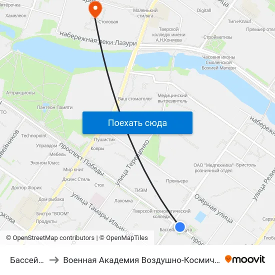 Бассейн 'Радуга' to Военная Академия Воздушно-Космической Обороны Имени Г.К. Жукова map