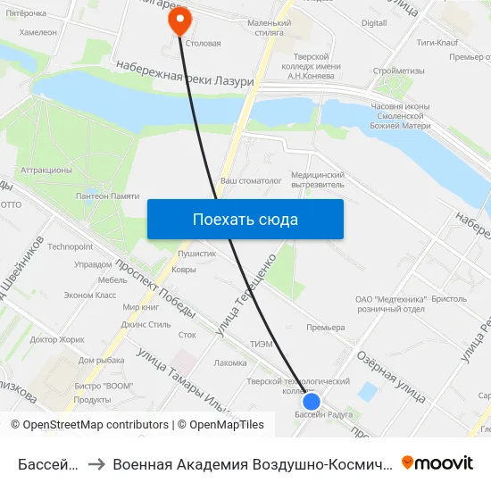 Бассейн 'Радуга' to Военная Академия Воздушно-Космической Обороны Имени Г.К. Жукова map