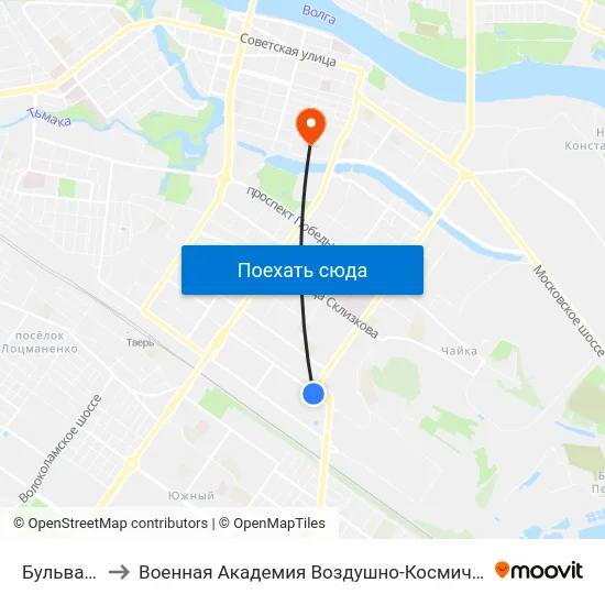 Бульвар Цанова to Военная Академия Воздушно-Космической Обороны Имени Г.К. Жукова map