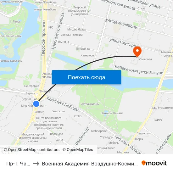 Пр-Т. Чайковского to Военная Академия Воздушно-Космической Обороны Имени Г.К. Жукова map