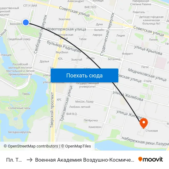 Пл. Тверская to Военная Академия Воздушно-Космической Обороны Имени Г.К. Жукова map