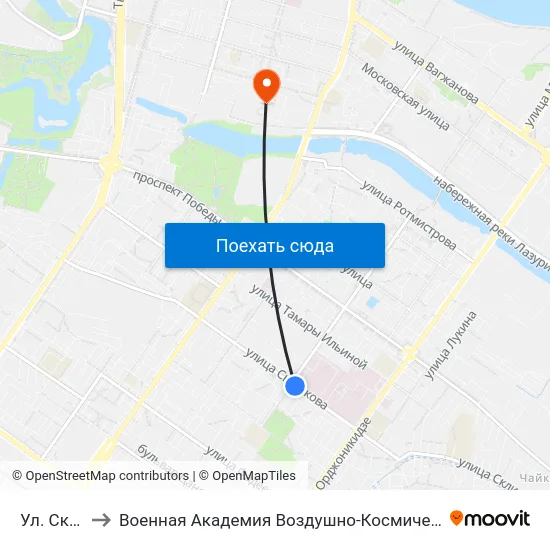 Ул. Склизкова to Военная Академия Воздушно-Космической Обороны Имени Г.К. Жукова map