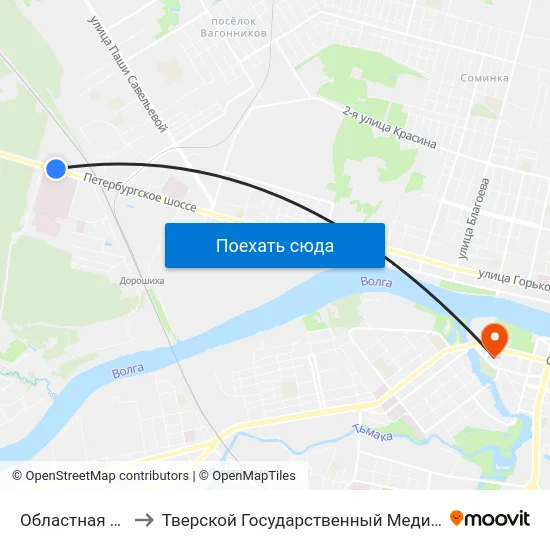 Областная Больница to Тверской Государственный Медицинский Университет map