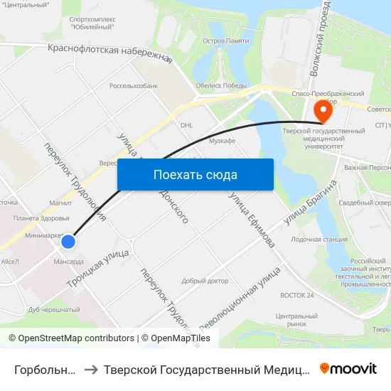 Горбольница №1 to Тверской Государственный Медицинский Университет map