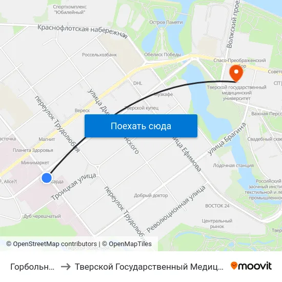 Горбольница №1 to Тверской Государственный Медицинский Университет map