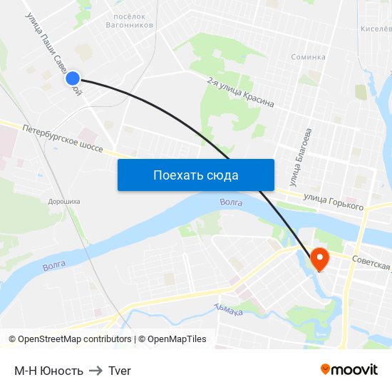 М-Н Юность to Tver map