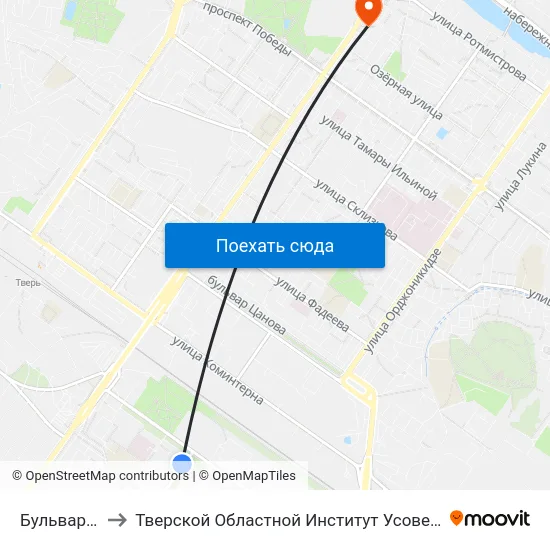 Бульвар Гусева to Тверской Областной Институт Усовершенствования Учите map