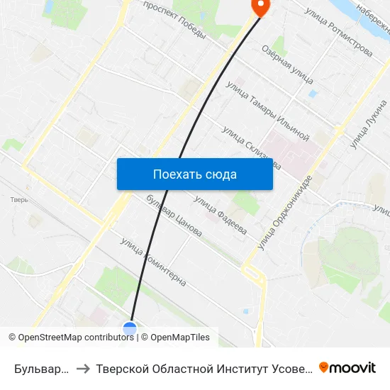 Бульвар Гусева to Тверской Областной Институт Усовершенствования Учите map